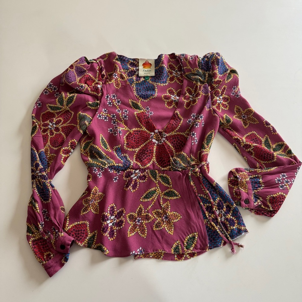 Farm Rio-Floral-Maroon-Wrap Top-V Neck-Print-Tropical-Size M